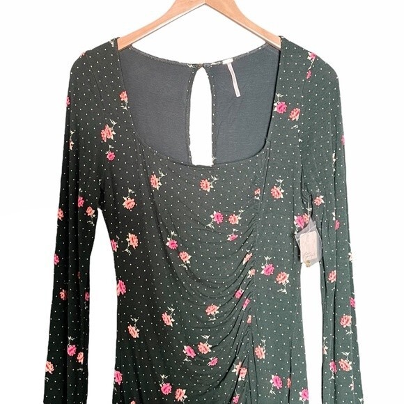 NWT Free People Celia Floral Square Neck Mini Dress Green Women’s Size Small New - Picture 7 of 15